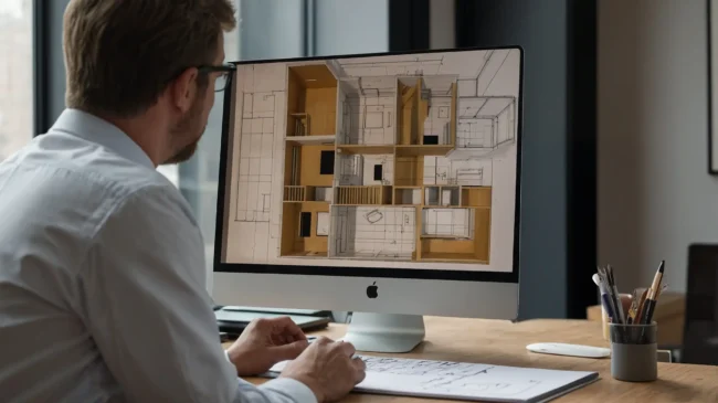 Arquitecto usando BIM sin complicaciones tecnicas en una laptop